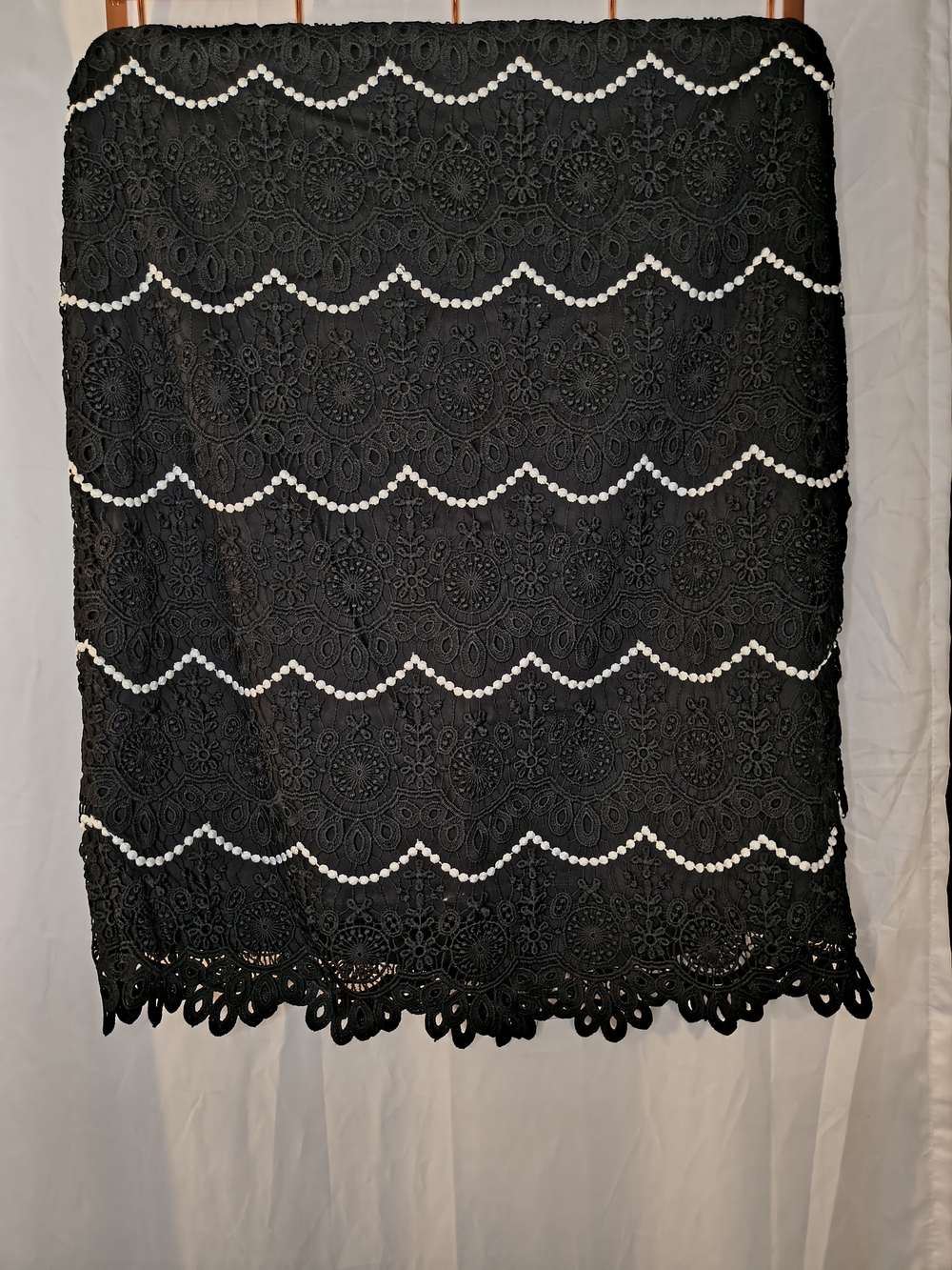 Talbots Black Lace Midi Skirt with White Beaded Chevron Accents